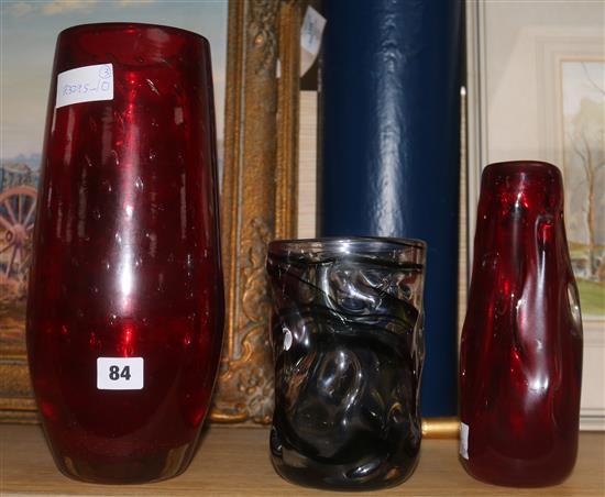 Three Whitefriars coloured glass vases
